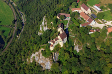 Werenwag Castle (Langenbrunn) at the Schreyfels climbing rock above the Danube in the district Hausen im Tal in Beuron in the state Baden-Wuerttemberg, Germany out of the air