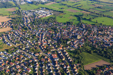 Aerial view of Town center from the northwest with St. Nicholas in the district Böhringen in Radolfzell am Bodensee in the state Baden-Wuerttemberg, Germany
