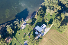Sandy beach areas on the Strandbad Moos in Moos in the state Baden-Wurttemberg, Germany