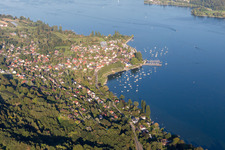 Aerial view of Village on the lake bank areas of Untersee in Wangen in the state Baden-Wurttemberg, Germany