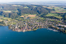 Aerial view of Pleasure boat marina with docks and moorings on the shore area of Lake of Constance in Steckborn in the canton Thurgau, Switzerland