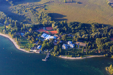 Mettnau peninsula with jetty for the solar ferry and Hermann-Albrecht-Klinik in Radolfzell am Bodensee in the state Baden-Wuerttemberg, Germany