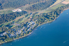 Aerial view of Camping William in the district Niederzell in Reichenau in the state Baden-Wuerttemberg, Germany