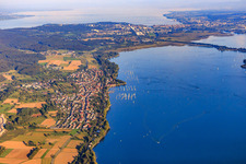Aerial view of City view on the shore of Lake Gnadensee from the west in Allensbach in the state Baden-Wuerttemberg, Germany