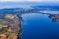 Aerial photograpy of City view on the shore of Lake Gnadensee from the west in Allensbach in the state Baden-Wuerttemberg, Germany