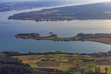 View of the Mettnauspitze on the Mettnau peninsula and the Love Island in Lake Zell from the north in Radolfzell am Bodensee in the state Baden-Wuerttemberg, Germany