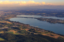 City view on the shore of Lake Gnadensee to Konstanz and the footbridge to Reichenau from the northwest in Allensbach in the state Baden-Wuerttemberg, Germany