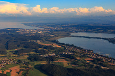 Aerial view of City view on the shore of Lake Gnadensee to Konstanz and the footbridge to Reichenau from the northwest in Allensbach in the state Baden-Wuerttemberg, Germany