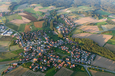 Aerial photograpy of Village - view on the edge of agricultural fields and farmland in Herdwangen-Schoenach in the state Baden-Wurttemberg, Germany