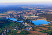 Aerial view of Industrial area at the gravel pit Pfullendorf-Tautenbronn with Kramer Academy, Kramer Werke Load trucks and Geberit Logistik GmbH in Pfullendorf in the state Baden-Wuerttemberg, Germany