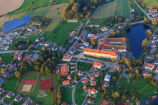 Boarding school and monastery church of St. Bernhard in the monastery Wald in Wald in the state Baden-Wuerttemberg, Germany seen from above