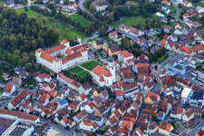 Aerial view of Castle Meßkirch, Sacred Heart Home Meßkirch and Catholic Church of St. Martin in Meßkirch in the state Baden-Wuerttemberg, Germany