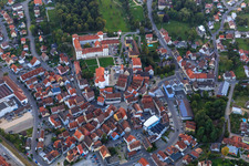 Old Town Center Grabenbachstraße with Castle Meßkirch, Heart of Jesus Home Meßkirch and Catholic Church of St. Martin in Meßkirch in the state Baden-Wuerttemberg, Germany