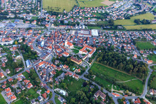 City overview with Castle Meßkirch, Sacred Heart Home Meßkirch and Catholic Church of St. Martin from the northwest in Meßkirch in the state Baden-Wuerttemberg, Germany