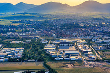 New exhibition grounds and Marie-Curie-Straße from the east in the evening light in the district Queichheim in Landau in der Pfalz in the state Rhineland-Palatinate, Germany