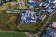 Aerial view of Industrial area in the Speyer Valley with DBK David + Baader GmbH in Rülzheim in the state Rhineland-Palatinate, Germany