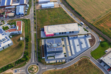 Aerial view of Industrial area in the Speyer Valley with ITK Engineering GmbH in Rülzheim in the state Rhineland-Palatinate, Germany