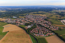 Aerial view of Village view on the Rhine dam from the north in Leimersheim in the state Rhineland-Palatinate, Germany