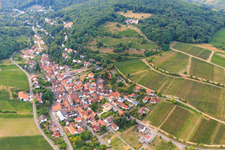 Aerial view of Wine-growing village at the foot of the Haardtrand from the southeast in Leinsweiler in the state Rhineland-Palatinate, Germany