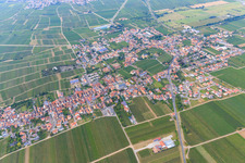 Aerial view of City view between vineyards from the south in Edesheim in the state Rhineland-Palatinate, Germany