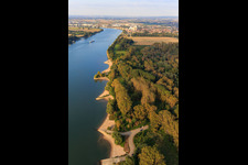 Aerial view of Sandy bays on the Rhine bank and NATO ramp Gernsheim in Gernsheim in the state Hesse, Germany
