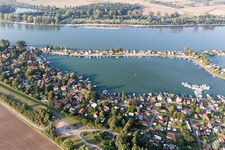 Weekend camping and Beach areas of the Lake of Eich at the river Rhine in Eich in the state Rhineland-Palatinate