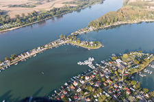 Aerial view of Weekend camping and Beach areas of the Lake of Eich at the river Rhine in Eich in the state Rhineland-Palatinate