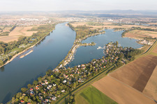 Aerial photograpy of Weekend camping and Beach areas of the Lake of Eich at the river Rhine in Eich in the state Rhineland-Palatinate