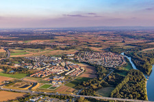Aerial view of Town on the banks of the river of the Rhine river in the district Gustavsburg in Ginsheim-Gustavsburg in the state Hesse, Germany