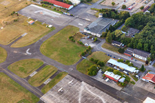 Tower and parking areas of the airport Mainz-Finthen in the district Finthen in Mainz in the state Rhineland-Palatinate, Germany