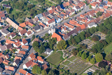 Aerial view of Church building in the village of in the district Liedolsheim in Dettenheim in the state Baden-Wurttemberg, Germany