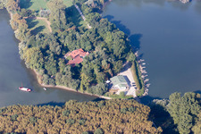 Aerial view of Restaurant Insel Rott am Rhein in Linkenheim-Hochstetten in the state Baden-Wuerttemberg, Germany