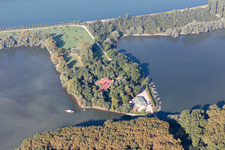 Aerial photograpy of Restaurant Insel Rott am Rhein in Linkenheim-Hochstetten in the state Baden-Wuerttemberg, Germany