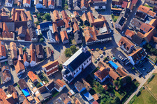 Aerial view of Main Street, Schulstraße and Kirchstr in Neupotz in the state Rhineland-Palatinate, Germany