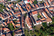 Aerial view of Catholic Church building in the village of in Rheinzabern in the state Rhineland-Palatinate, Germany