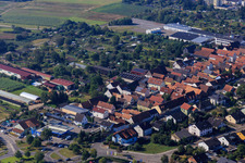 Aerial photograpy of Rheinstr and roundabout at the Aral petrol station from the northeast in Kandel in the state Rhineland-Palatinate, Germany