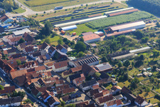 Agricultural halls at Ettenbaum in Kandel in the state Rhineland-Palatinate, Germany viewn from the air