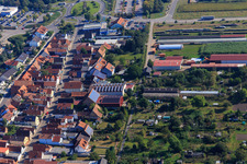 Drone image of Agricultural halls at Ettenbaum in Kandel in the state Rhineland-Palatinate, Germany