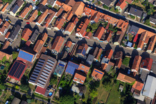 Barns with PV roofs on Rheinstr in Kandel in the state Rhineland-Palatinate, Germany from above