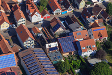 Barns with PV roofs on Rheinstr in Kandel in the state Rhineland-Palatinate, Germany seen from above