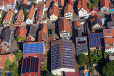 Drone recording of Barns with PV roofs on Rheinstr in Kandel in the state Rhineland-Palatinate, Germany