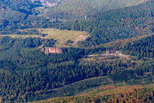 Ruins and vestiges of the former fortress Burg Fleckenstein with Cafe of 4 Chateaux in Lembach in Grand Est, France