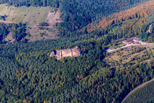 Aerial view of Ruins and vestiges of the former fortress Burg Fleckenstein with Cafe of 4 Chateaux in Lembach in Grand Est, France