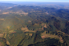Wasgau overview from the southwest with Lindelbrunn castle ruins in Vorderweidenthal in the state Rhineland-Palatinate, Germany