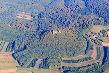 Aerial view of Lindelbrunn Castle Ruins in Vorderweidenthal in the state Rhineland-Palatinate, Germany