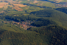 Village view in the Palatinate Forest from the west in Dörrenbach in the state Rhineland-Palatinate, Germany