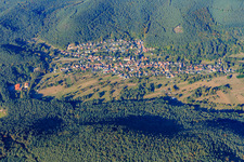 Aerial view of Village view in the Palatinate Forest from the south in Birkenhördt in the state Rhineland-Palatinate, Germany