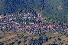 Aerial photograpy of Village view in the Palatinate Forest from the south in Birkenhördt in the state Rhineland-Palatinate, Germany