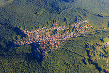 Village overview hidden in the Palatinate Forest from the south in Dörrenbach in the state Rhineland-Palatinate, Germany