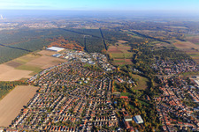 Aerial view of City overview up to Kurt-Adam-Straße and Waldstückerring industrial estate with Continental Reifen GmbH in Bellheim in the state Rhineland-Palatinate, Germany